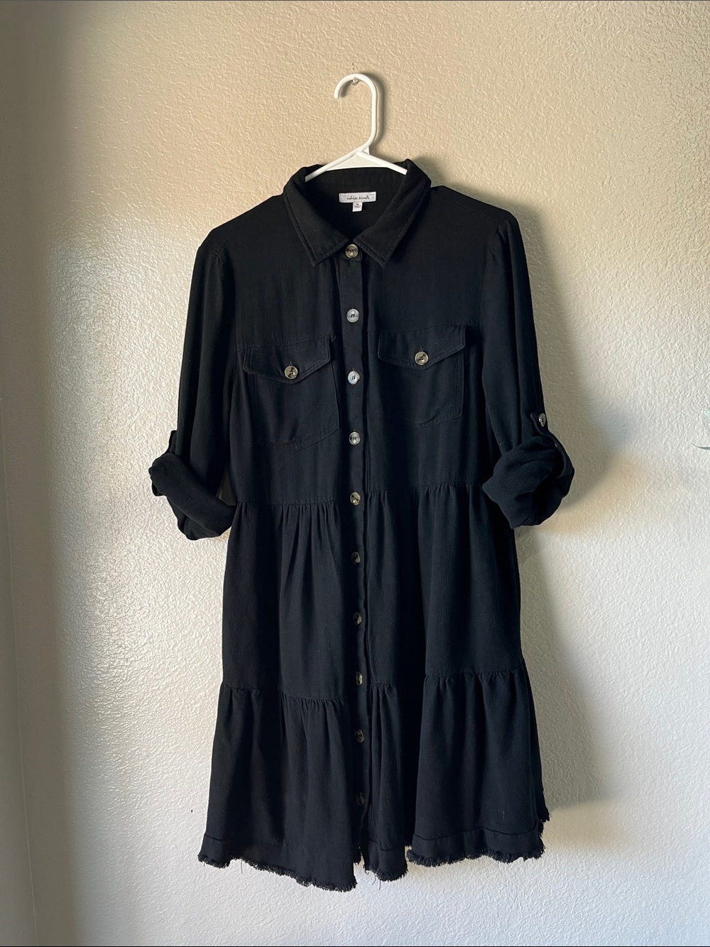 white birch Black Button-Front Tiered Shirt Dress Linen Blend Sz M Boho Chic